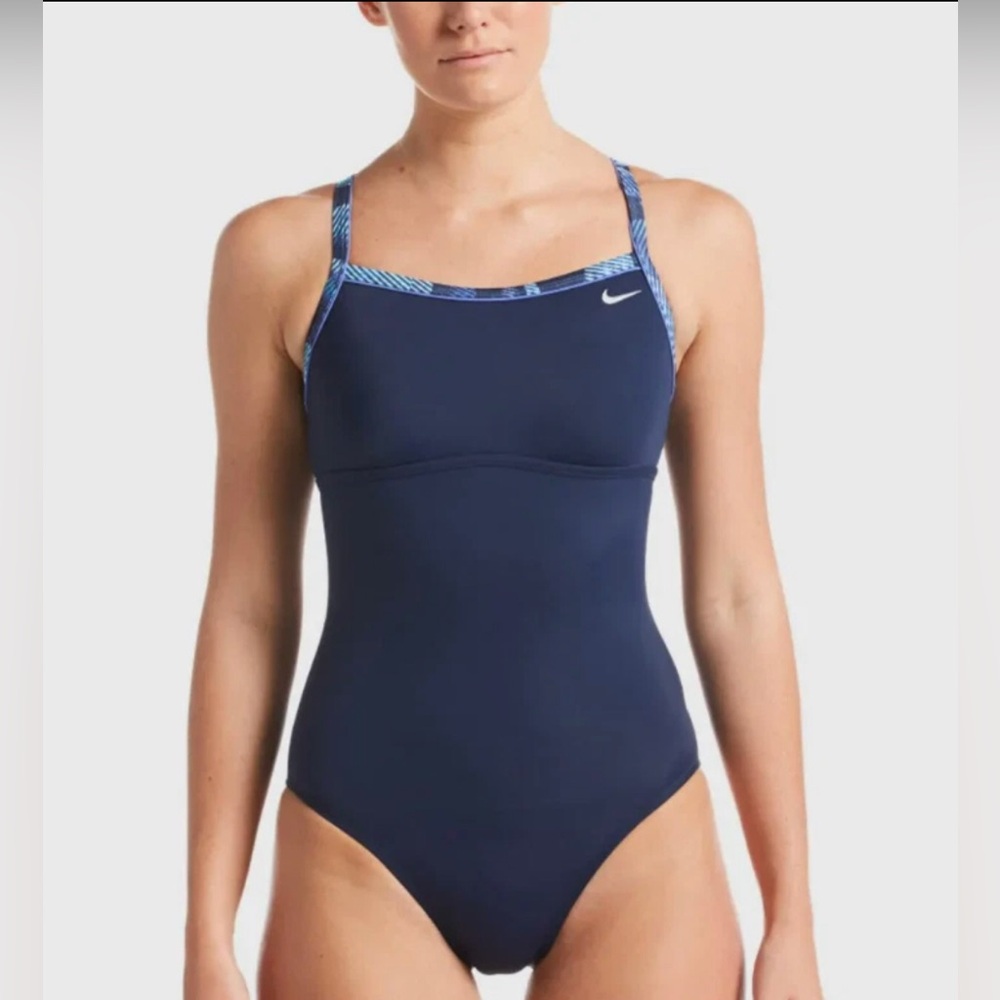 Nike Swimsuit Sz Large Navy Blue One Piece Swimsuit Polyamide Elastane Athletic